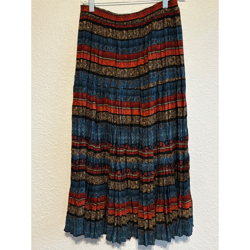 Boho Pleated Broomstick Skirt Rust Teal Paisley Floral Tiered BoHo Skirt 1